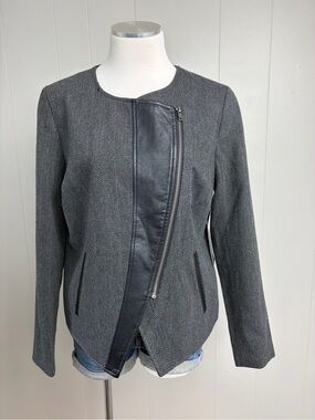 Ruff Hewn Grey Herringbone Moto Jacket Faux Leather NWT M